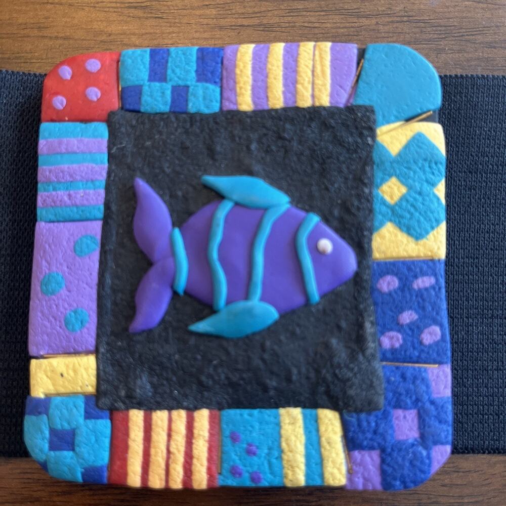 3" Wide Black Stretchy Belt With Square Multicolor Clay Fish Buckle 32" Long Fun